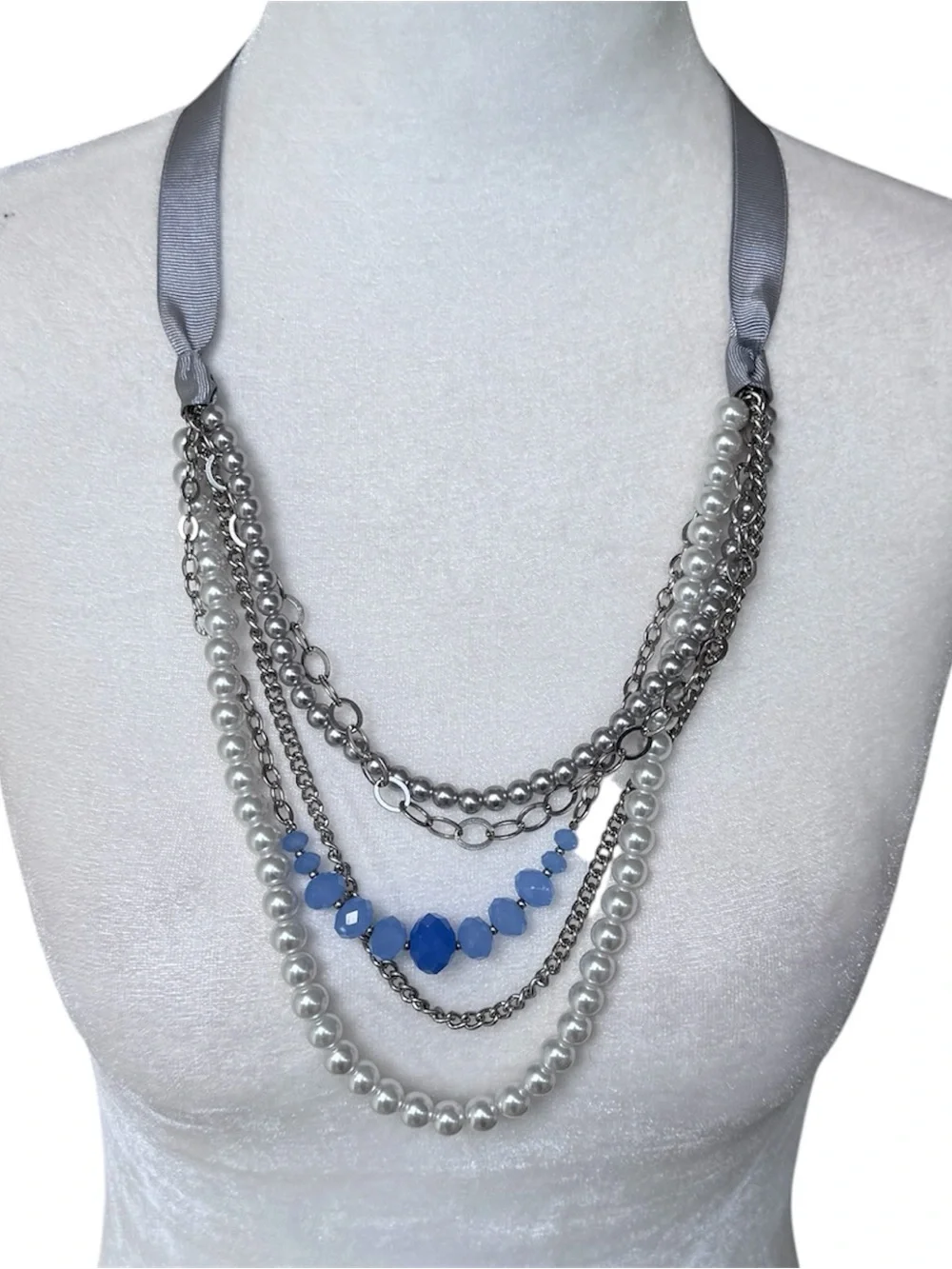 Ann Taylor 5 Strand Silver Pearl Blue Bead Necklace Ribbon Tie Adjustable - Picture 1 of 5